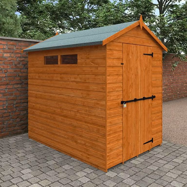 Buttercup Farm Security Apex 12mm Wooden Garden Shed in Burnt Orange, W/D/H: 213.38 x 152.4 x 182.88 cm