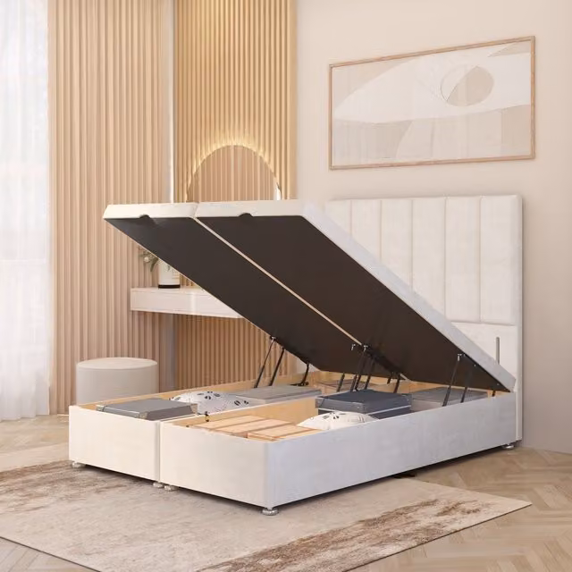 Somnior Beds Ltd Austin Plush Velvet Ottoman Divan Bed with Floor Standing Headboard, Ivory/White, W/D/H: 140 x 200 cm