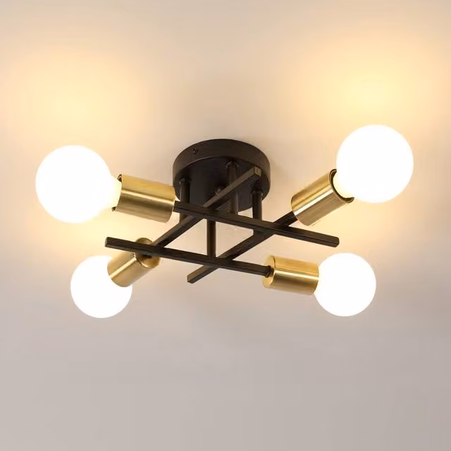 Pheashine Black and Gold 4-Light Industrial Metal Ceiling Light with E27 Base, Diameter: 28 cm