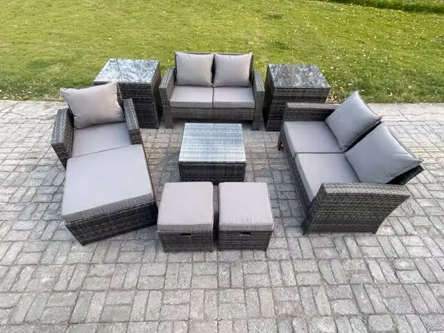 Fimous 8 Seater Dark Grey Rattan Garden Furniture Set with U-Shape Sofa, Coffee Table, Chair, Side Tables and Footstools