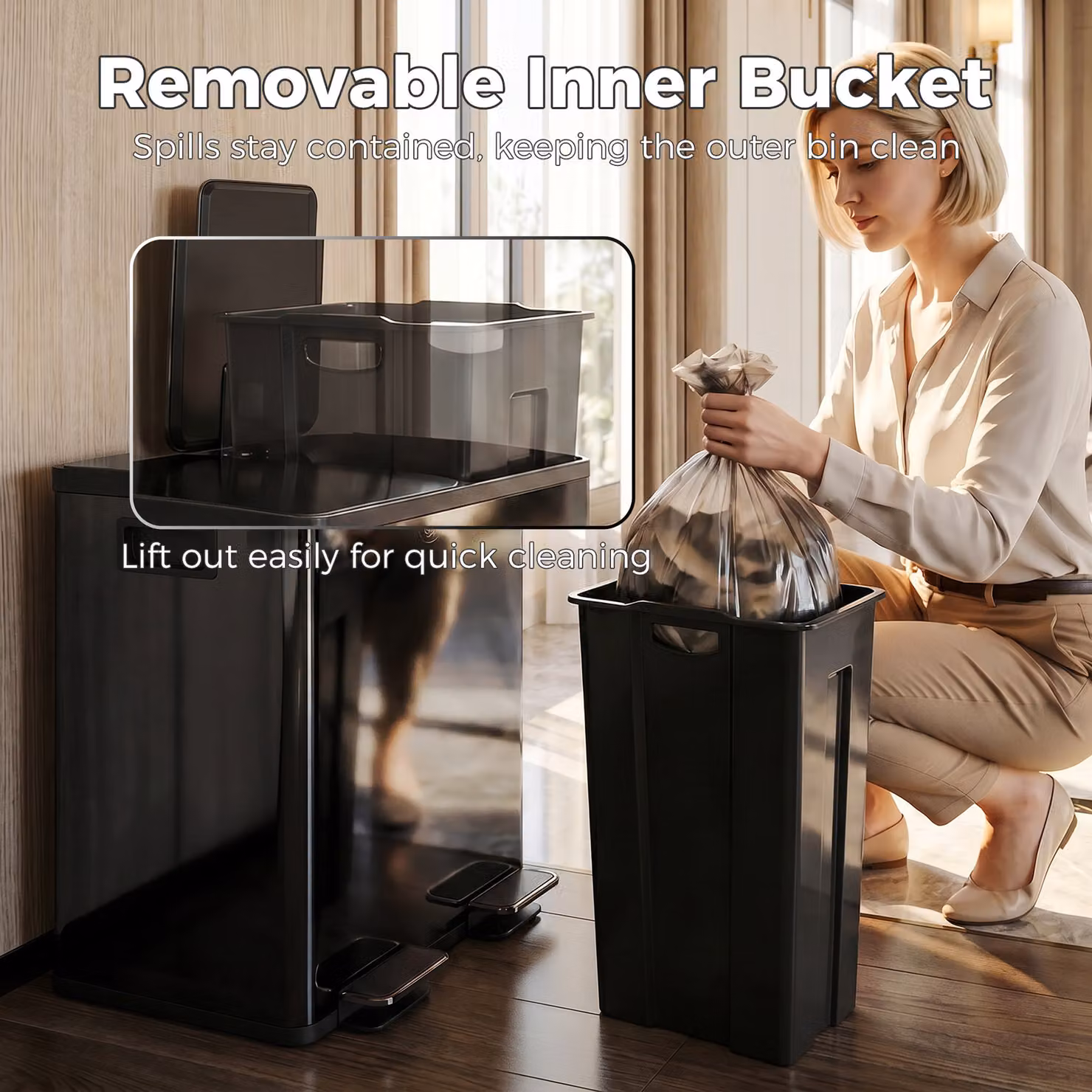 HOMCOM 40L Dual Compartment Stainless Steel Pedal Waste Bin with Deodoriser Holders, Black – 7