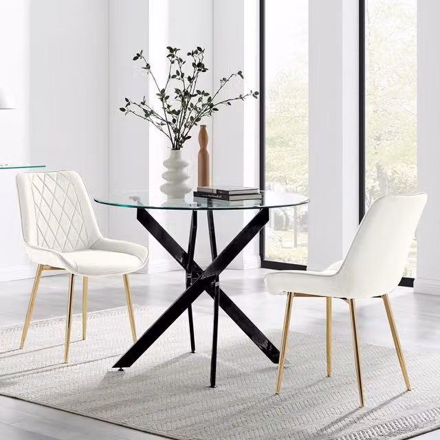 FurnitureboxUK Novara Round Glass Kitchen Dining Table with 2 Pesaro Gold Leg Chairs in Cream and Black