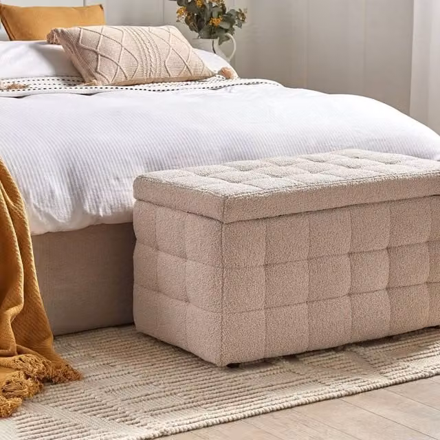 Wyld and Coco Beige Bouclé Button-Tufted Storage Ottoman Bench