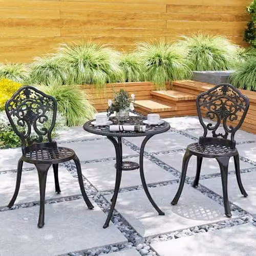 Outsunny 3 Piece Cast Aluminium Garden Bistro Set with Parasol Hole in Black – 5