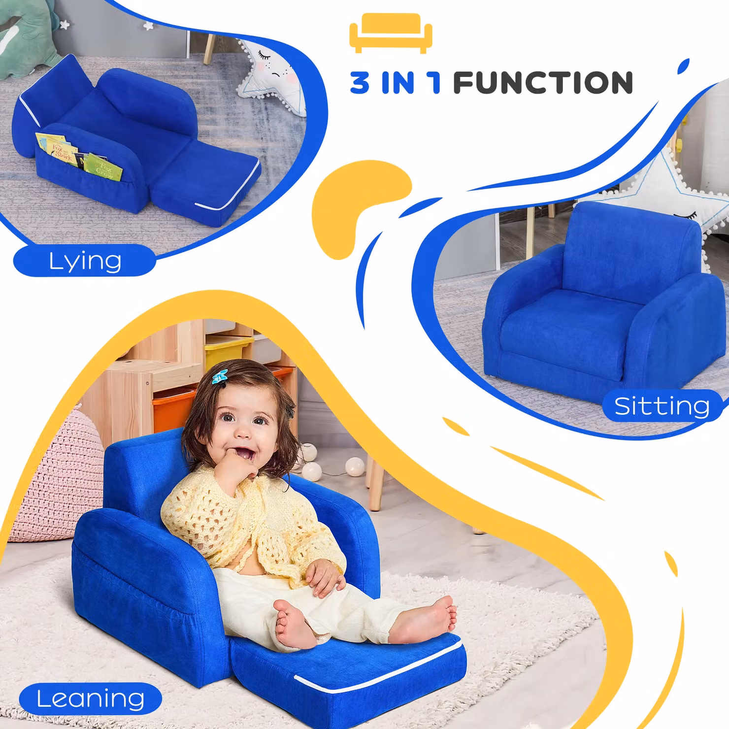HOMCOM 2-in-1 Kids Sofa Chair Bed in Blue with Soft Flannel and Foam – 5