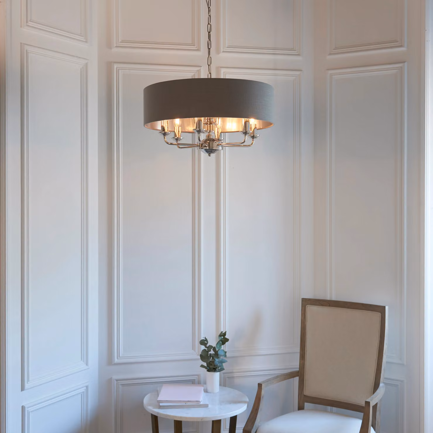 Loops Suspended Ceiling Pendant Light in Silver and Grey Fabric, W/D/H: 32 x 32 x 70 cm – 2