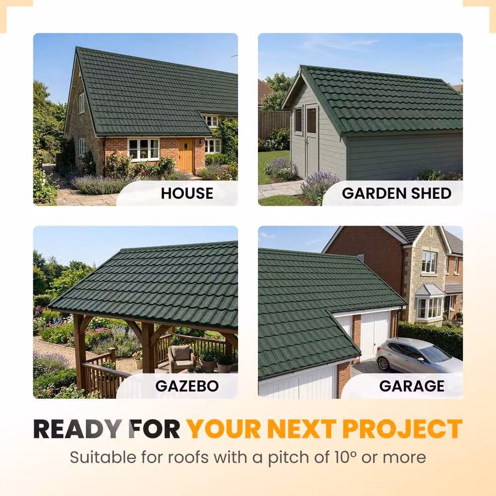 Novecrafto Stone Coated Galvanised Metal Roof Shingles, Green, 15 Covers, 7.11m² – 7
