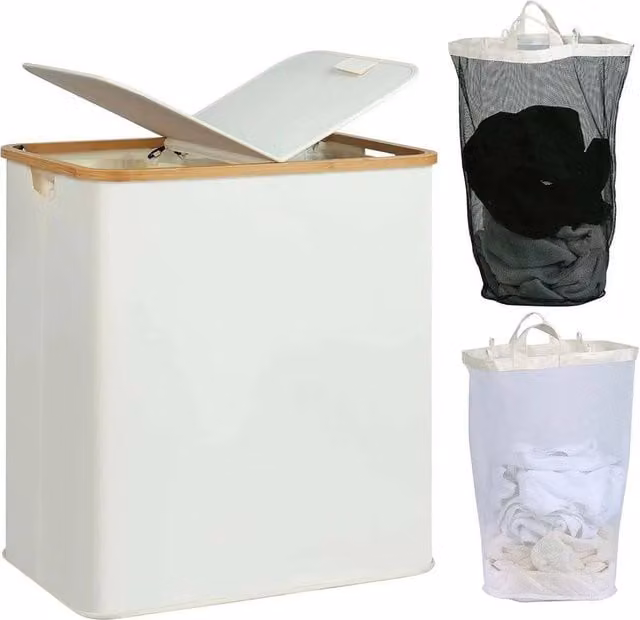 PAWNORA Beige Bamboo Laundry Hamper with Lid – 1