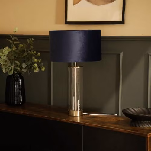 ValueLights Balan Glass and Brushed Chrome Table Lamp with Navy Blue Fabric Drum Shade and LED Bulb – 2