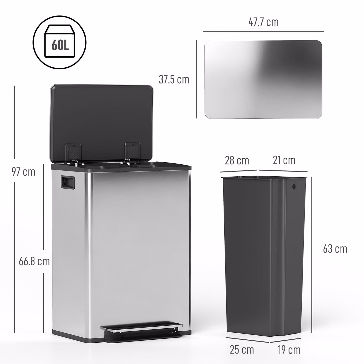 HOMCOM 60L Dual Compartment Stainless Steel Pedal Bin with Deodoriser Holders in Silver – 3