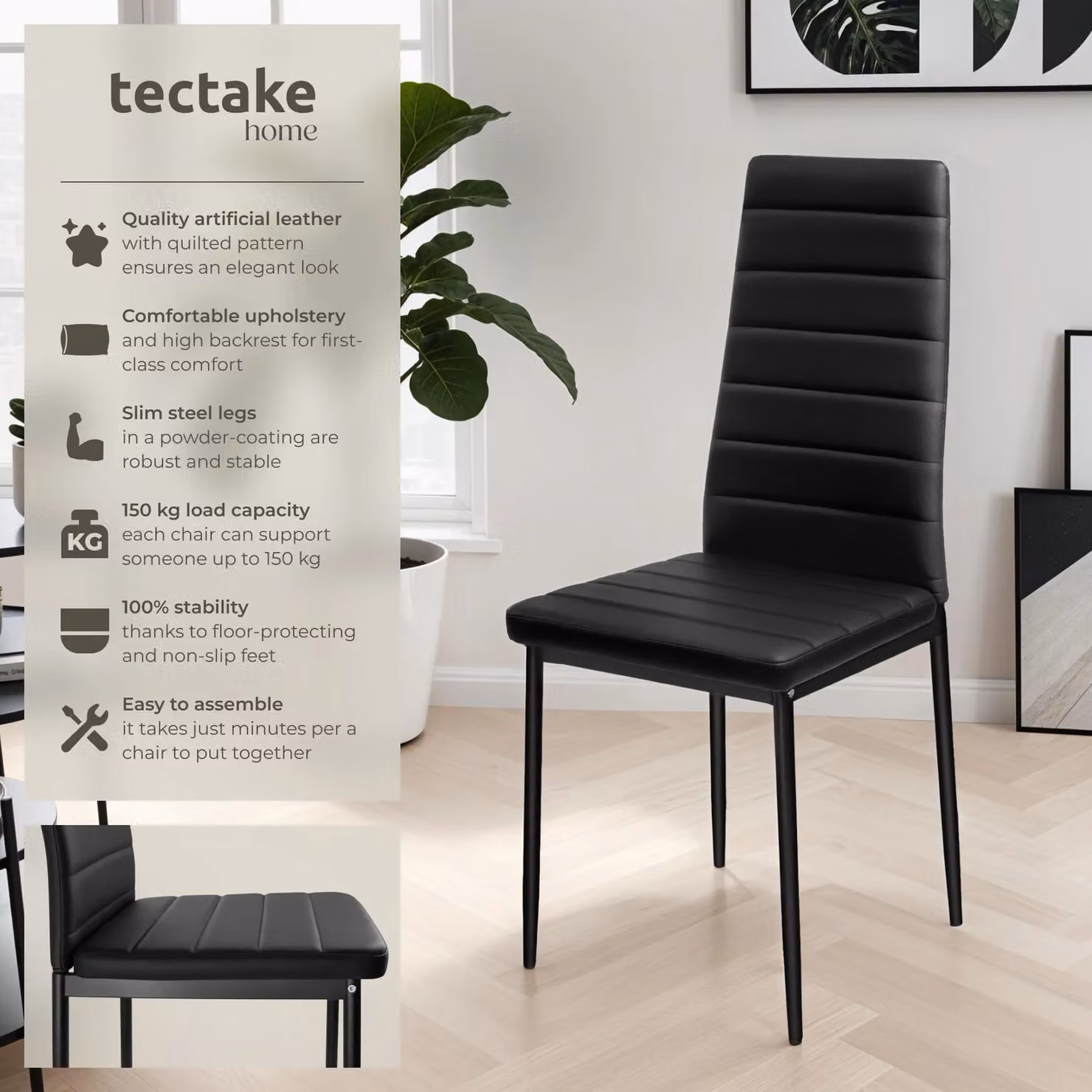 tectake Thomas Set of 4 Modern Dining Chairs in Black Synthetic Leather – 2