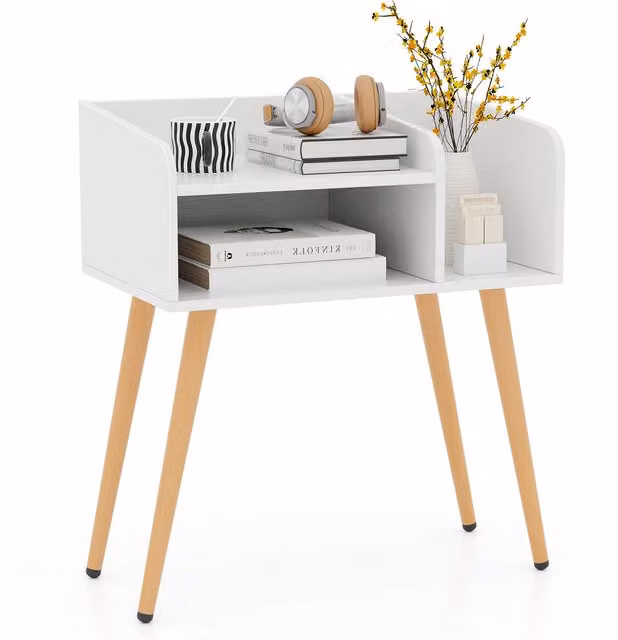 Costway Modern 2-Tier White Metal Bedside Table with Open Shelves