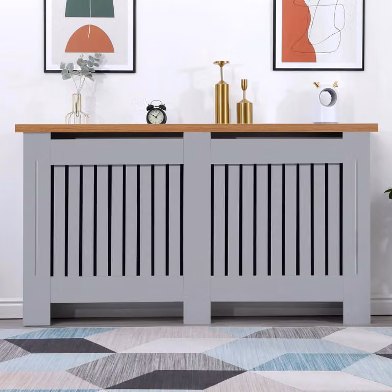 DHS Grey Radiator Cover with Oak Top and Vertical Slatted Design