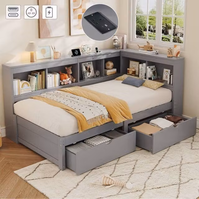 Matteo Single L-Shape Daybed with Storage and USB Charging Port in Grey Fabric