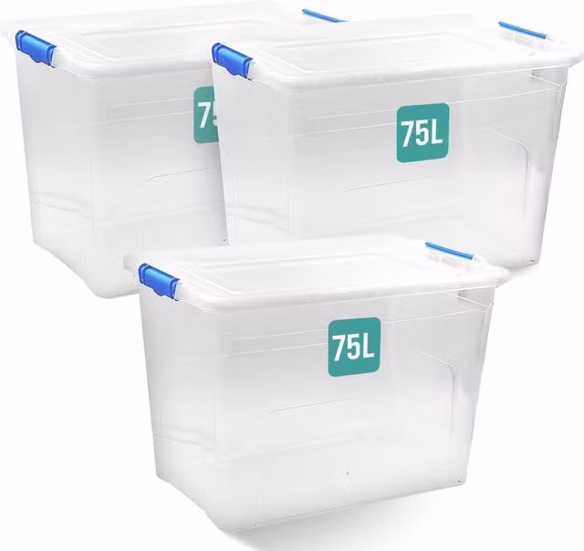 Klass Home Collection Stackable Clear Plastic Storage Boxes with Lids and Handles, W/D/H: 39.8 x 39.5 x 58.0 cm