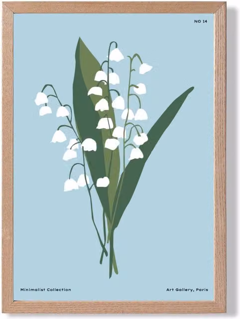 ARTZE Blue Lily of the Valley Flower Market Minimalist Framed Print with Oak Frame in Mid Blue
