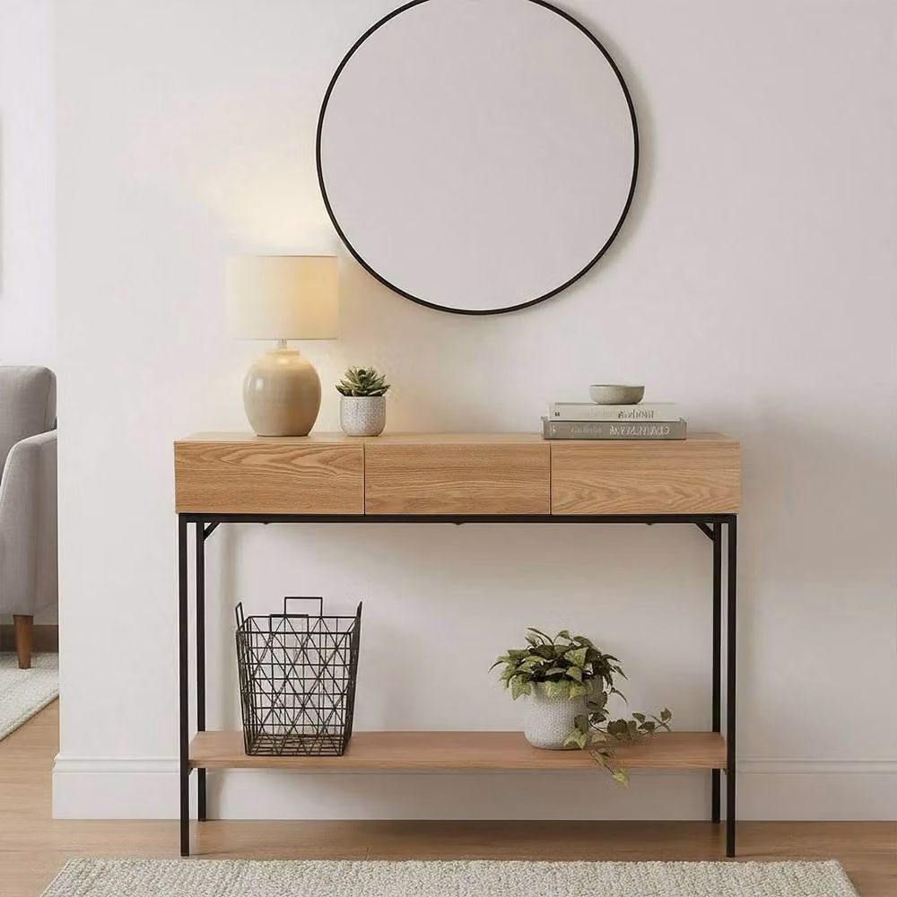 CALICOSY Tessa 3-Drawer Console Table with 1 Shelf, Brown and Black Wood and Metal Finish, W: 120 cm, D: 35 cm, H: 80.5 cm – 2