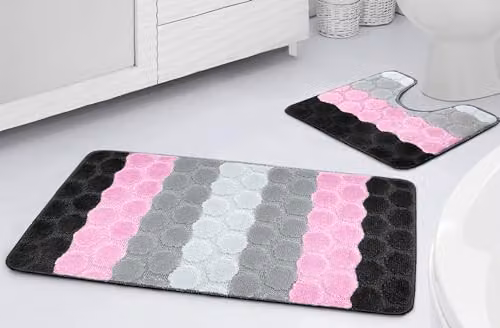 Velosso 2 Piece Non-Slip Bath Mat and Pedestal Mat Set in Pink with Hex Striped Design – 2