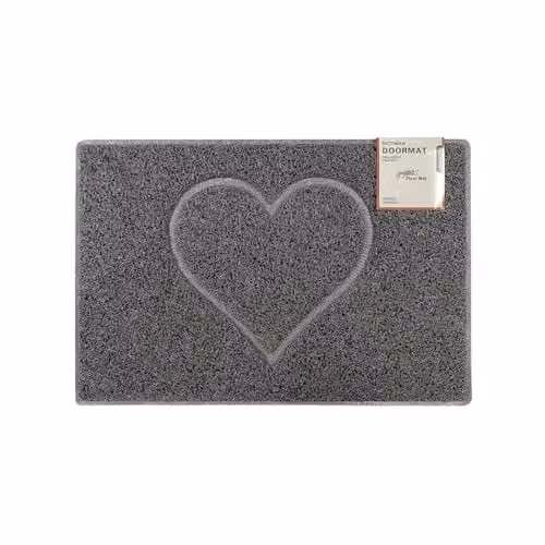 Oseasons Heart Small Embossed Grey Vinyl Doormat with Non-Slip Open Back, W: 40 cm x D: 60 cm x H: 1 cm