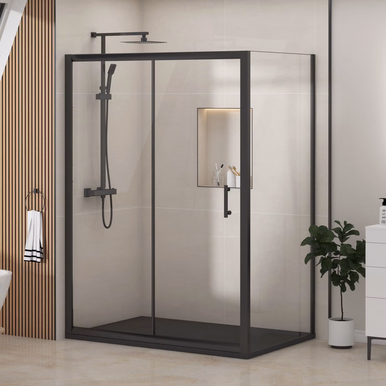 Royal Bathrooms Milan Sliding Door Shower Enclosure with Side Panel and Black Slate Effect Stone Tray, Matt Black, W: 140 cm, D: 80 cm, H: 185 cm, 6mm Glass