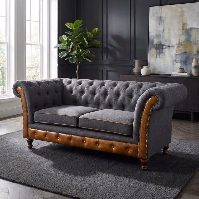 Elm Home And Garden Chesterfield 2 Seater Sofa in Tan Leather and Grey Fabric with Solid Wood Frame, Width: 183 cm