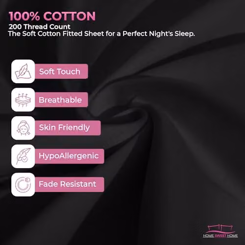Home Sweet Home UK 200 Thread Count Cotton Double Fitted Sheet, Black, W/D/H: 140 x 200 x 40 cm – 5