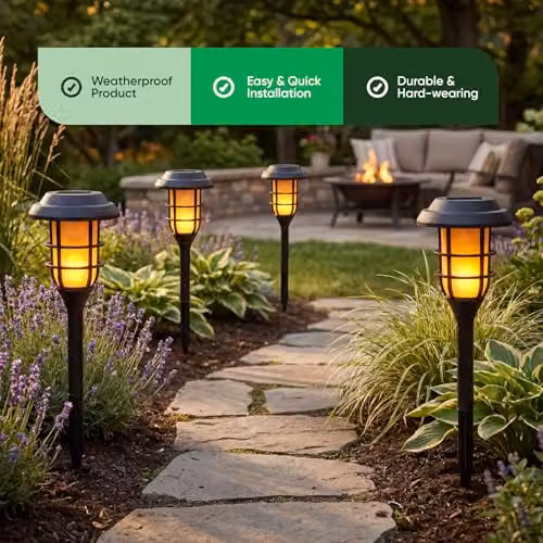 Gardenwize Pack of 4 Solar Flaming LED Stake Lights in Black – 8
