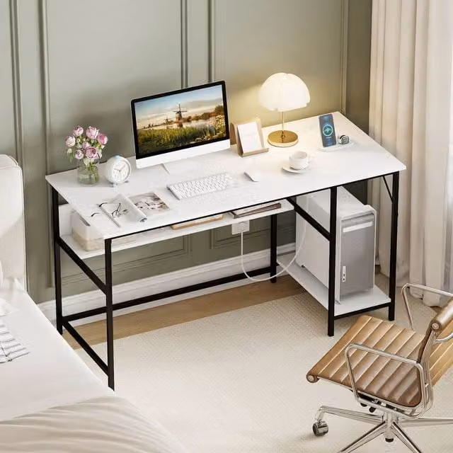 Costway Modern White Computer Desk with Charging Station and 4 Power Outlets, W: 140 cm, D: 60 cm