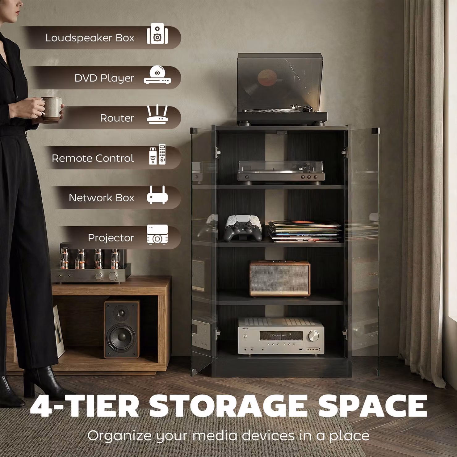 HOMCOM 4-Tier Hi-Fi Record Player Stand with Adjustable Internal Shelves and Push-to-Open Glass Doors, Black Wood-Effect – 4