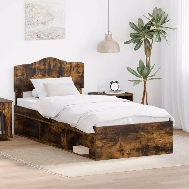 Berkfield Home Bed Frame with Headboard in Smoked Oak and Solid Pine Wood, Brown, W/D/H: 90 x 190 cm – 1