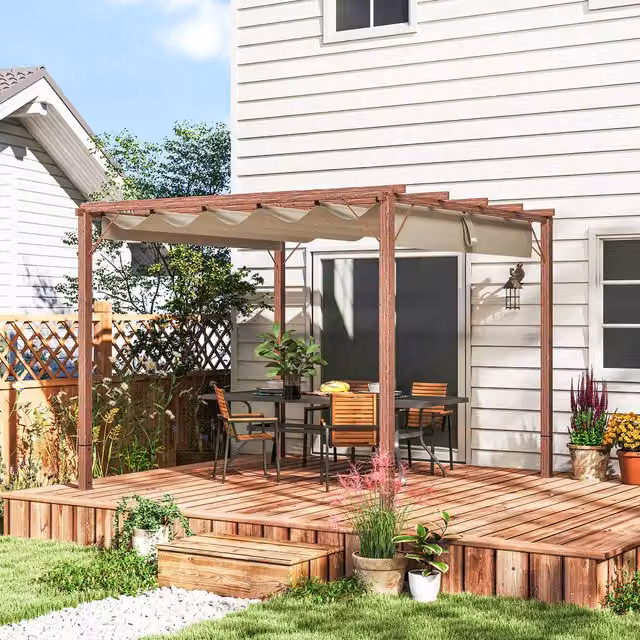 Outsunny Aluminium Pergola with Retractable Roof in Beige and Brown, W: 300 cm, D: 300 cm, H: 300 cm