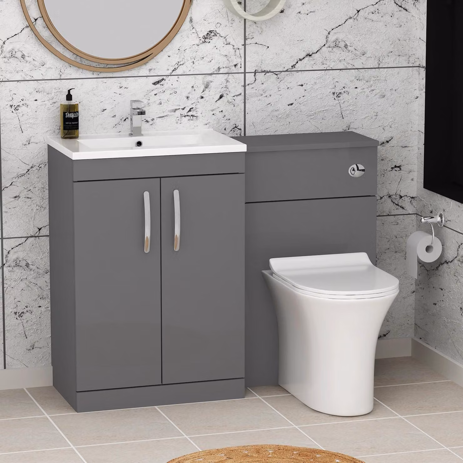 Royal Bathrooms Indigo Grey Gloss 2 Door Vanity Unit with Minimalist Basin and Slim Breeze Back to Wall Toilet, Width: 110 cm