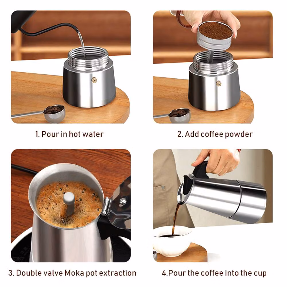 Living and Home Silver Italian Moka Pot Stovetop Espresso Maker, 100ml and 200ml – 6