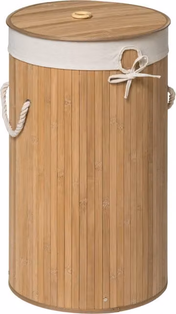 Orsina Natural Round Laundry Hamper in Beige and Gold with Lid and Handles, Made from Bamboo and Cotton