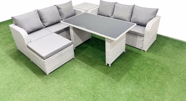 Fimous 7 Seater Rattan Outdoor Dining Table Set with Side Table and Big Stool in Light Grey