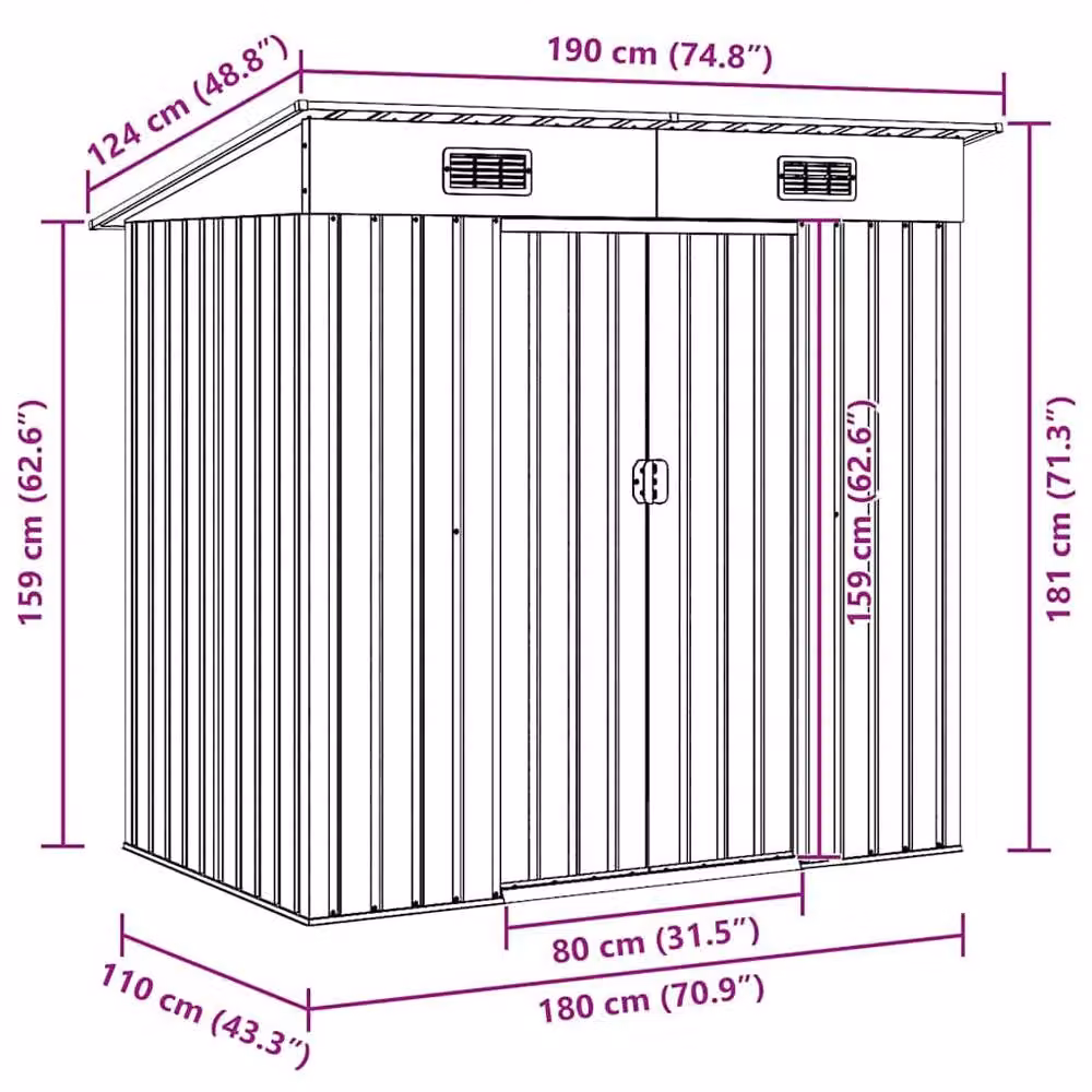 Berkfield Home Brown Galvanised Steel Pent Garden Storage Shed with Sliding Doors W/D/H: 194 x 121 x 181 cm – 6