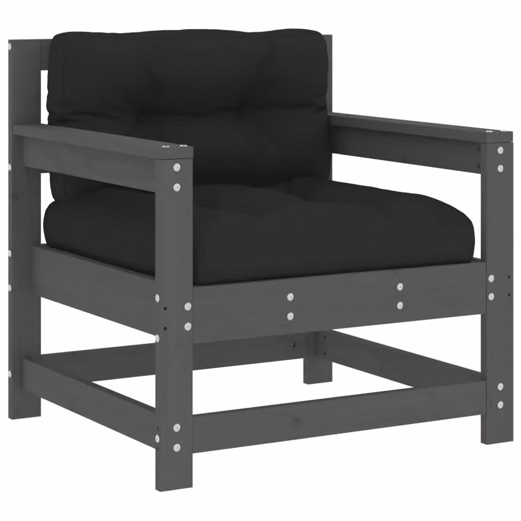 Berkfield Home Set of 2 Grey Rustic Pine Garden Chairs with Armrests and Fabric Cushions – 3