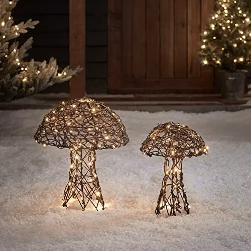 Lights4fun Rattan Mushroom LED Garden Lights Duo in White and Brown, Height: 40 cm – 2