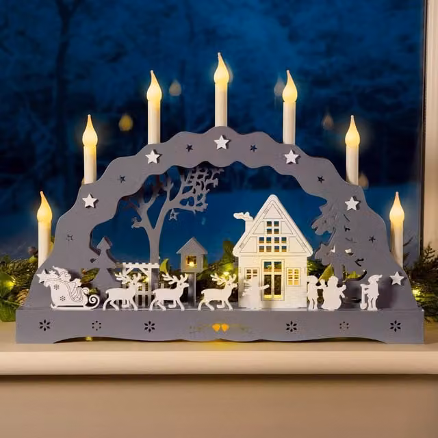 Christow Christmas Candle Bridge LED Tabletop Decoration in Grey and White, Battery Operated