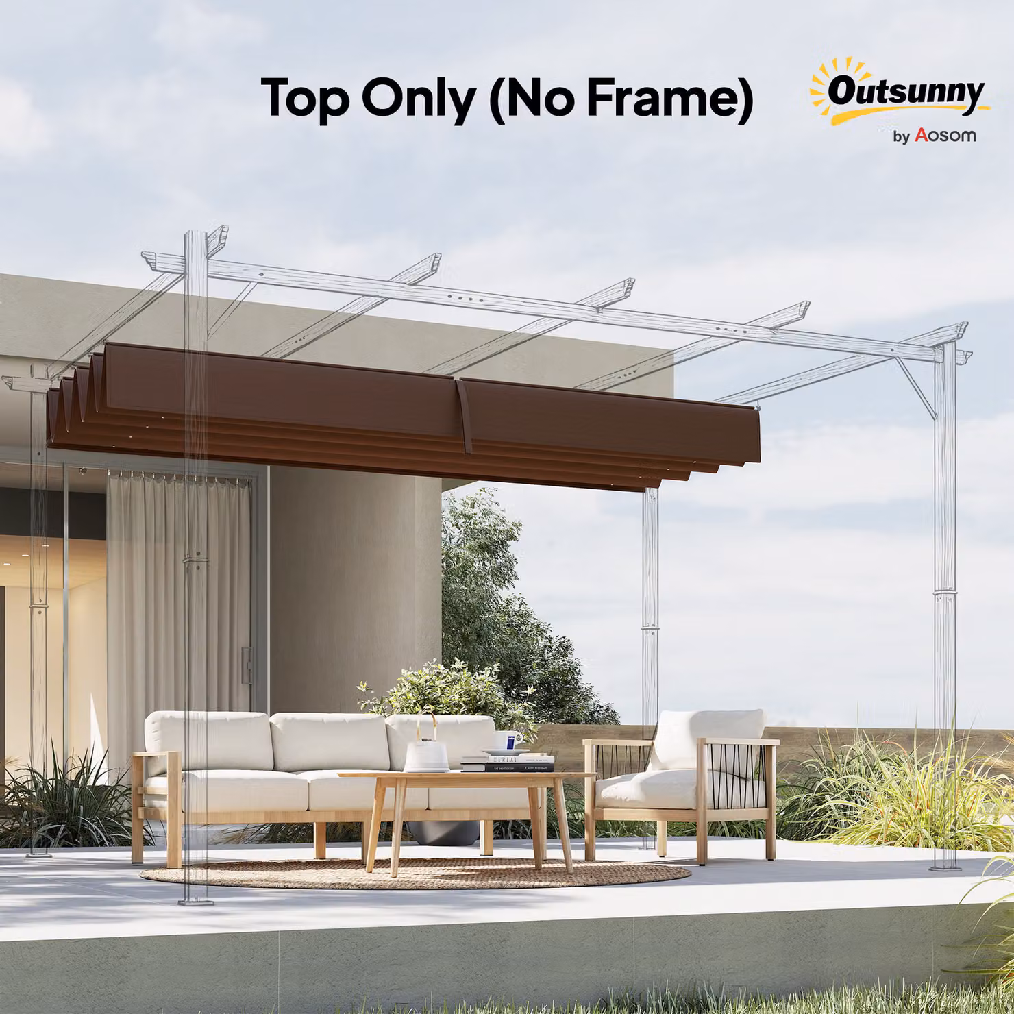 Outsunny Retractable Pergola Roof Sun Shade Cover in Brown, UPF 50+ Protection, W: 3 m, D: 2.15 m – 8
