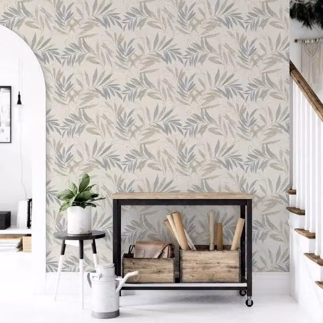Nordara Leaf Hessian Textured Botanical Wallpaper in Natural Grey