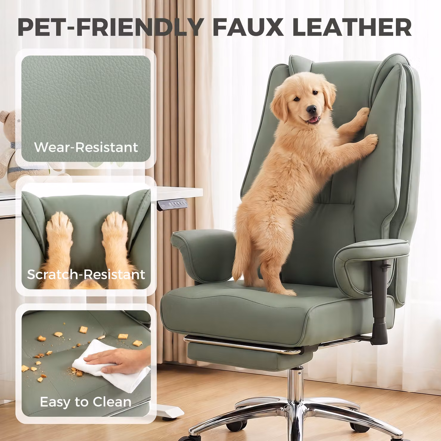HOMCOM Executive Office Chair in Green with Footrest, Adjustable Armrests and Pet-Friendly Faux Leather – 6