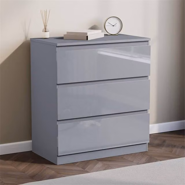 FORGEVIO Grey 3 Drawer Wooden Chest of Drawers Bedside Cabinet