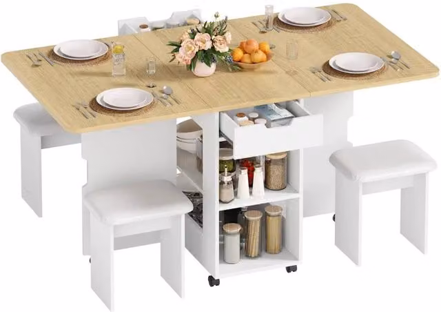 FORGEVIO 3-in-1 Folding Dining Table and 4 Chair Set in Natural Wood with Beige and White Accents