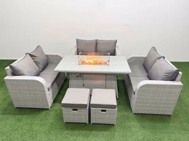Fimous 8 Seater PE Wicker Rattan Garden Furniture Set with Firepit Dining Table, 2 Seater Love Sofa and 2 Stools in Light Grey