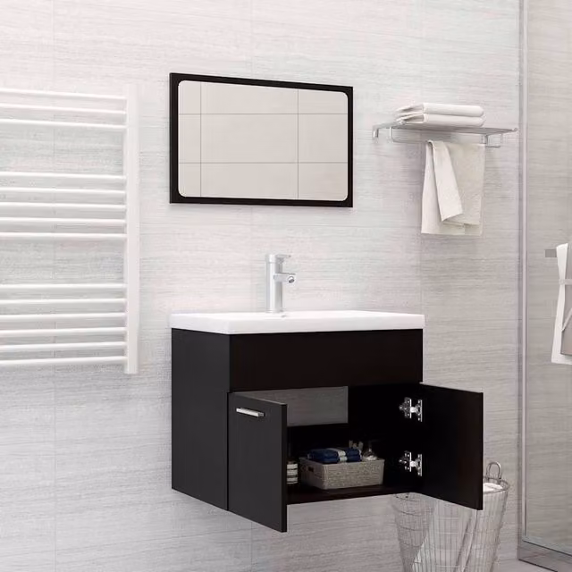 Berkfield Home Modern Black 2 Piece Bathroom Furniture Set with Vanity Unit and Mirror Cabinet – 1