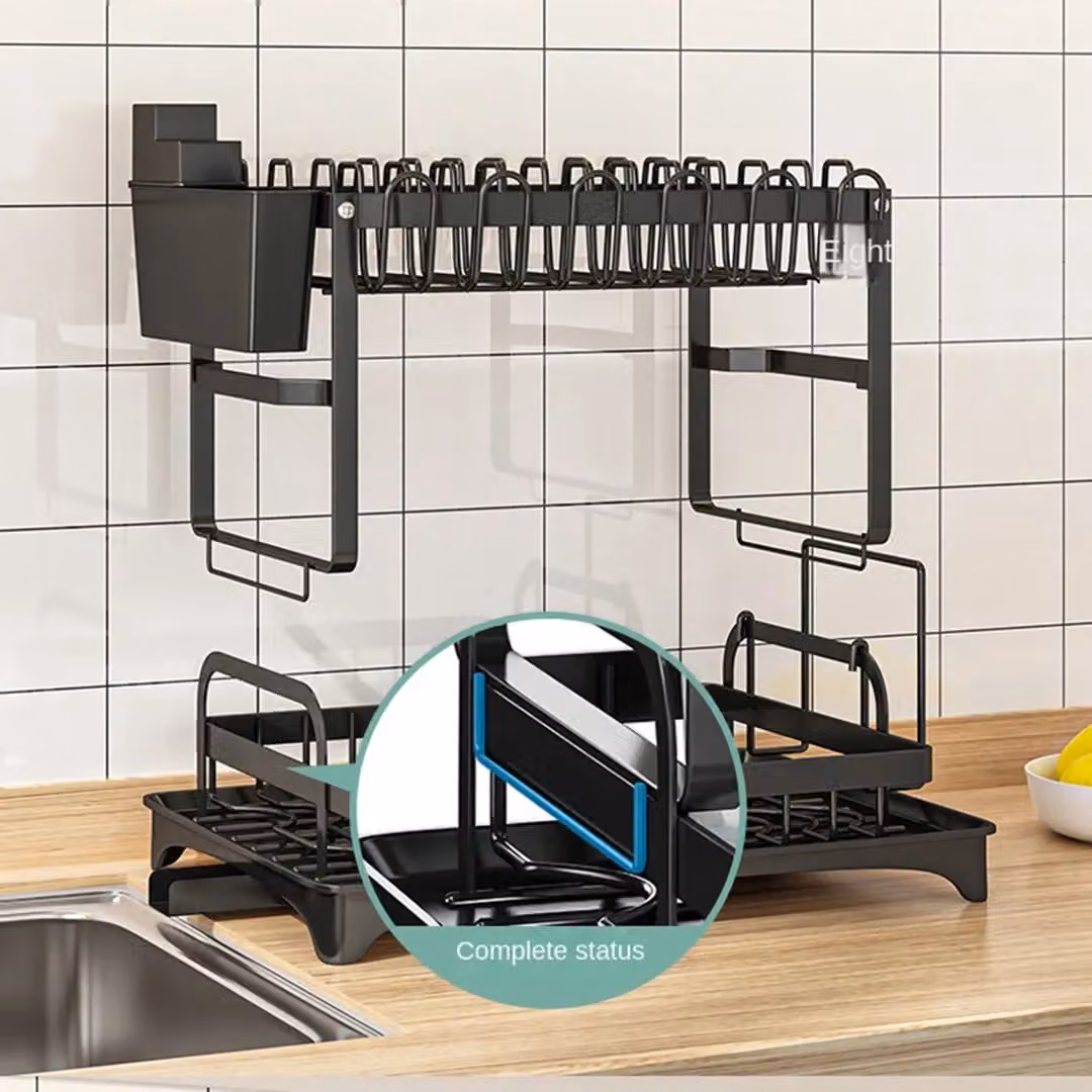 Kelvenix 2 Tier Black Kitchen Sink Dish Drainer Rack with Cutlery Holder, W/D/H: 42.0 x 30.0 x 29.0 cm – 6