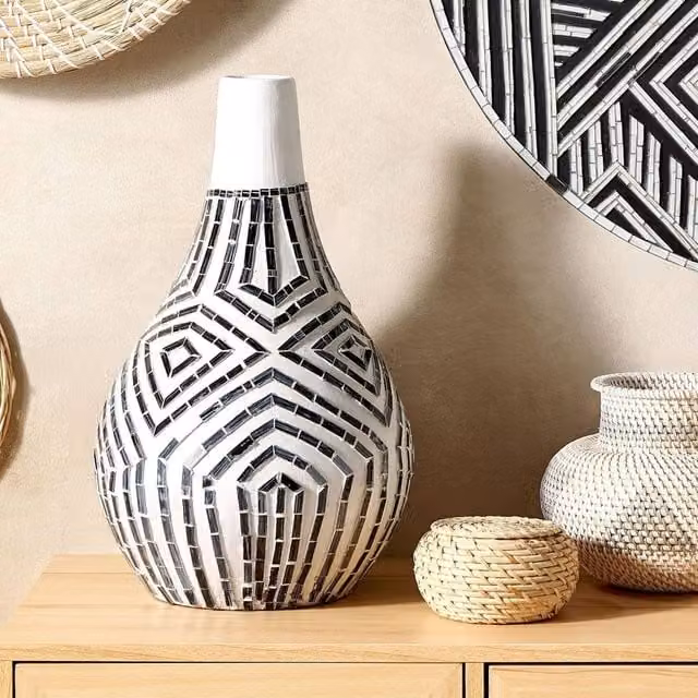 Wyld and Coco Arden Geometric Tabletop Home Vase in Black and White Stoneware with Glass Inlay – 1