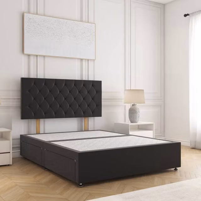 BSSPOKE Mia Plush Velvet Double Divan Bed with 24 inch Headboard and 2 Drawers in Black, W/D/H: 140 x 200 x 30.48 cm