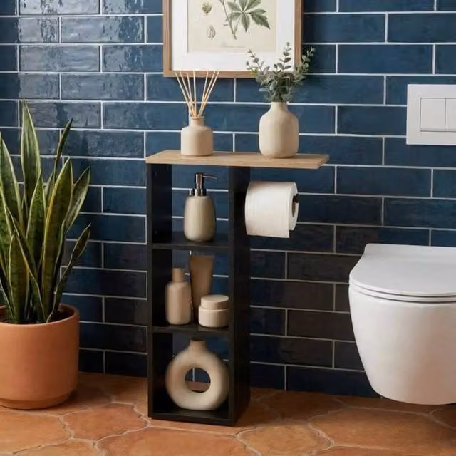 FORGEVIO Black Wood Freestanding Toilet Roll Holder Bathroom Storage, H 60 x W 16 x D 16 cm – 1